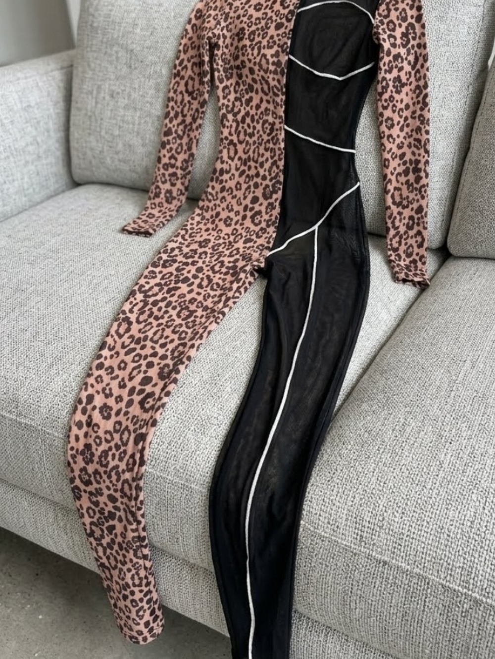 Leopard Print and Black Panel Long-Sleeve Jumpsuit